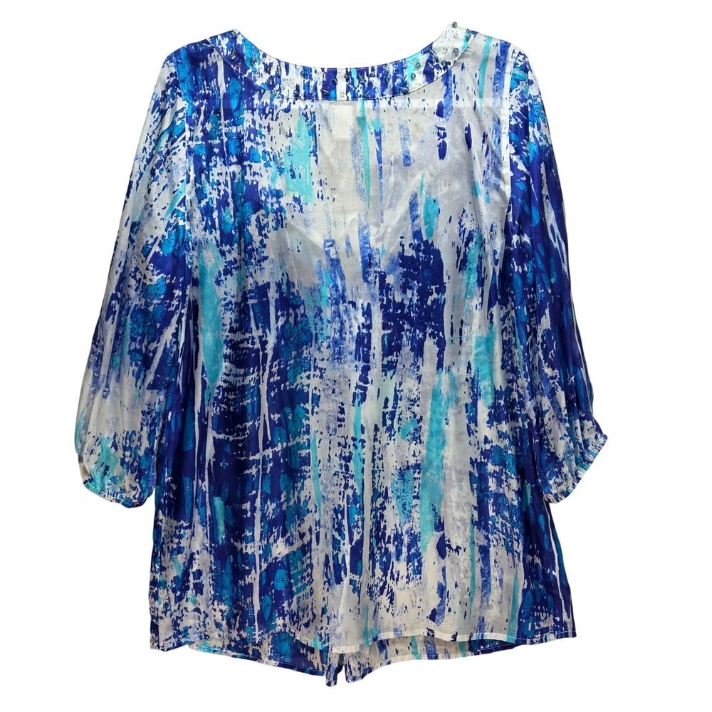 Soft Surroundings Abstract All Silk Beaded Tunic Blouse Womens M Sheer Blue New - Picture 2 of 13